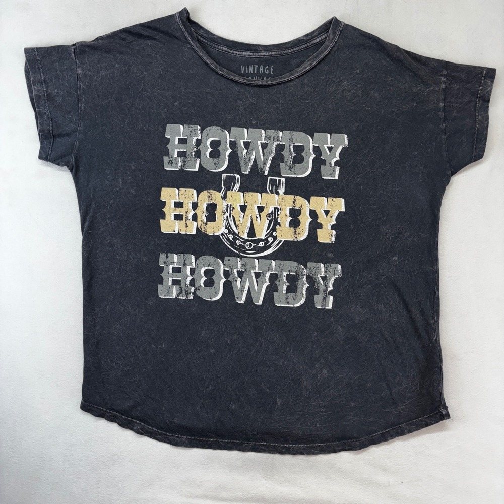 Vintage Canvas Graphic T-Shirt Womens Large Charcoal Howdy Horseshoe Western Tee